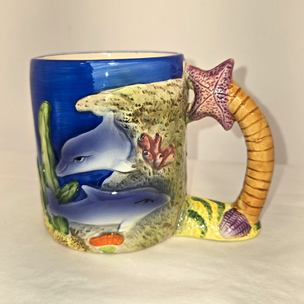 3D Dolphin Ocean Beach Ceramic & Porcelain Mug w/ Handle, Blue/Beige